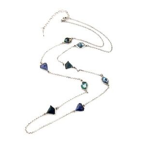Vintage Style Silvertone Green, Navy and Sodalite Geometric Long Necklace